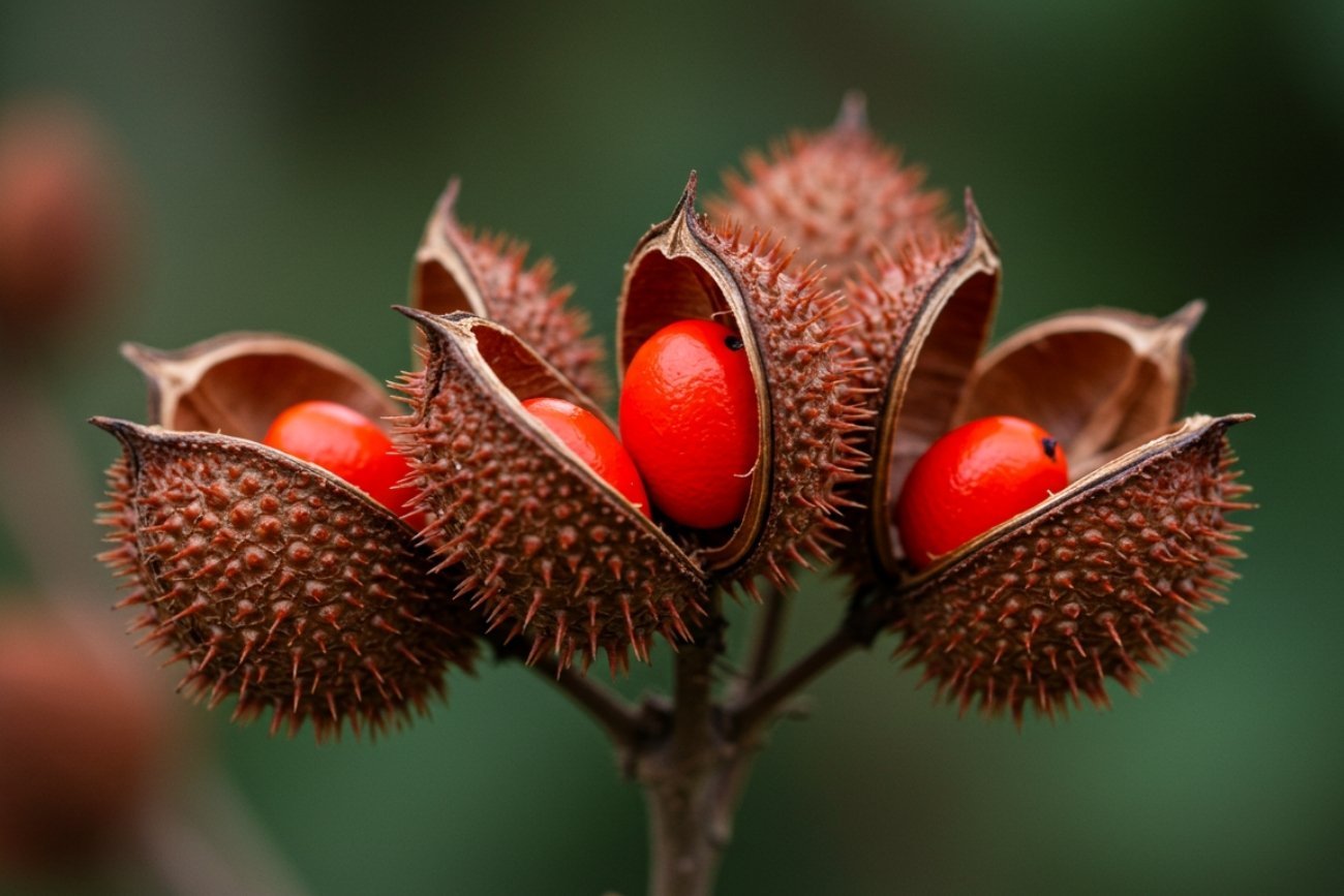 Árbol de Bija (Annatto) con cápsulas espinosas y semillas rojas.