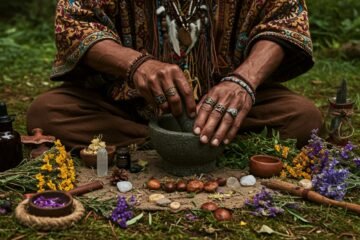 Medicina Ancestral: Chamán realizando un ritual de sanación.