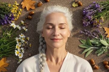 Sabiduría Ancestral: Mujer mayor rodeada de plantas medicinales.